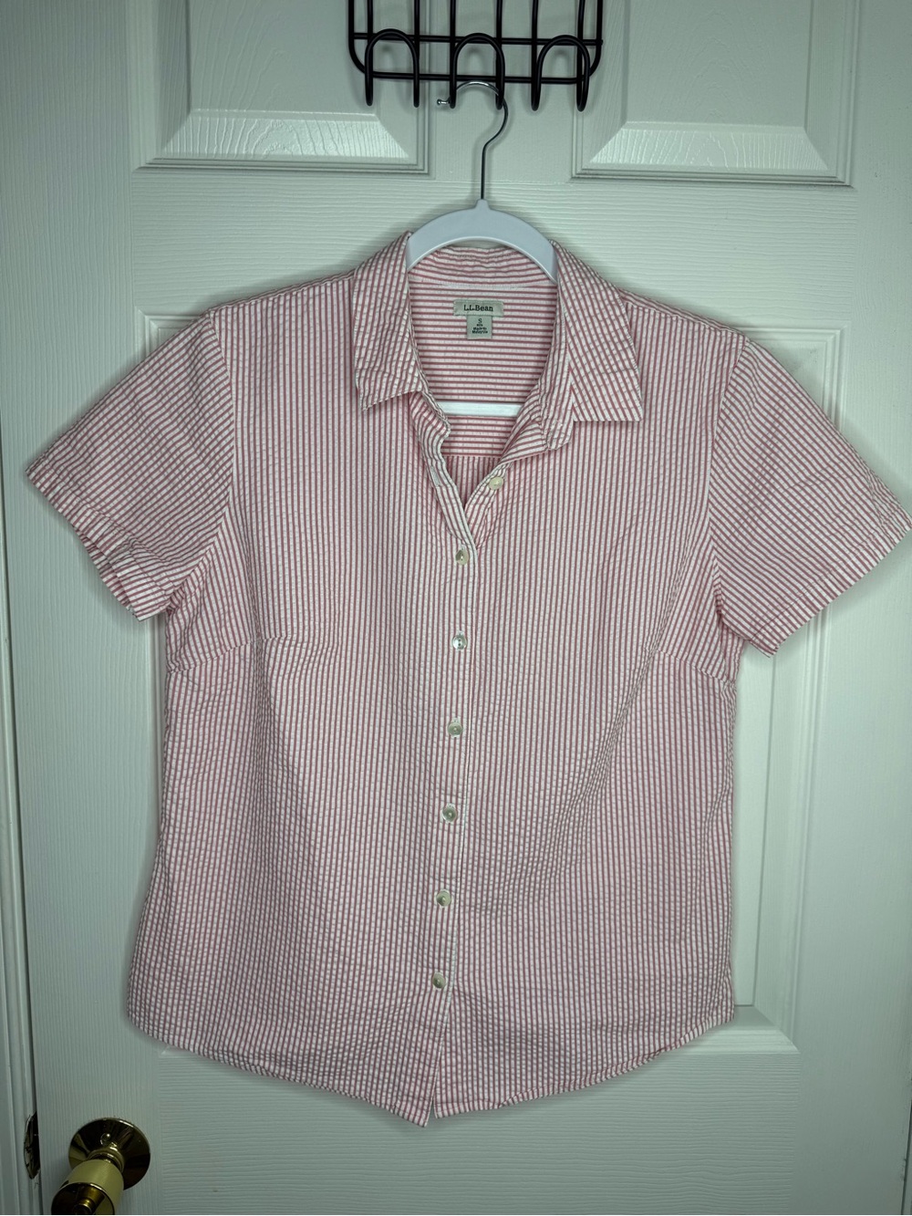 L.L.Bean Pink White Seersucker Button Up Shirt Women’s S 100% Cotton